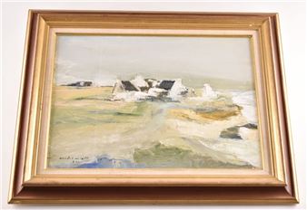 André CIVELLI (1923-2004) "Maisons en bord de côte" huile sur toile signée et datée 9/74 en bas à gauche. 33 x 46 cm (deux traces de coulures - André Civelli