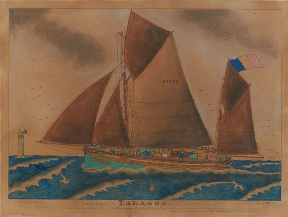 Paul Emile PAJOT (1870-1930) - "Le Dundee chalutier Talassa du port d'Etel" ink and pastel drawing on paper signed lower right and dated May 10 by Paul-Emile Pajot, dated May 10