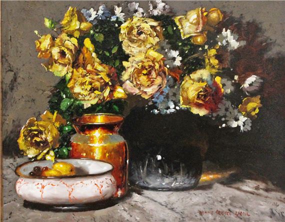 STILL LIFE WITH YELLOW ROSES by Hennie Griesel, dated 2014