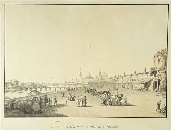 RUSSIA - "VUE du KREMLIN et de ses environs à MOSCOU". c.1800. Line engraving and aquatint by Antoine Guérard de La Barthe (1730-1810). Proof with only the title and Rittner's address by Gérard de la Barthe, circa 1800