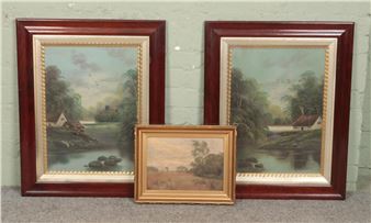 A Rey  ings featuring river scenes with cottages, together with a small gilt framed  of a landscape scene - A. Rey