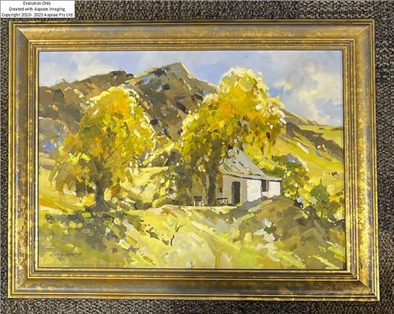 Allan Crombie - Farm Cottage - Oil on board by Allan Crombie