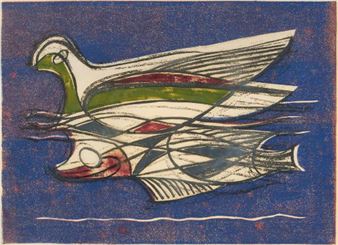 Vogel mit Fisch - Walter Wohlschlegel
