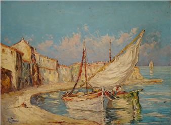 Continental coastal view with moored boats - Robert Giovani