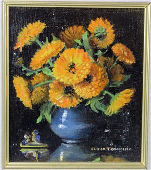 Orange flowers in a blue vase - Flora Tomkins