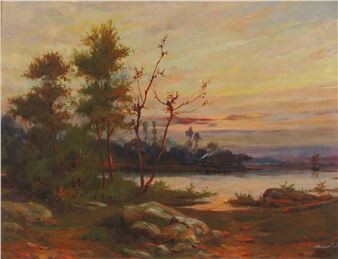 A serene landscape painting of a riverbank at sunset with trees, rocks, and distant figures.