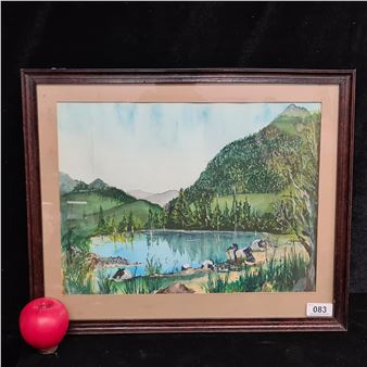 A charming original 'Bernard Lyons' watercolour on paper painting. Features a calm forest mountain landscape with lake. Rendered in blues and greens. Housed in a wooden frame behind glass. Signed bottom left and dated 1979 - Bernard Lyons