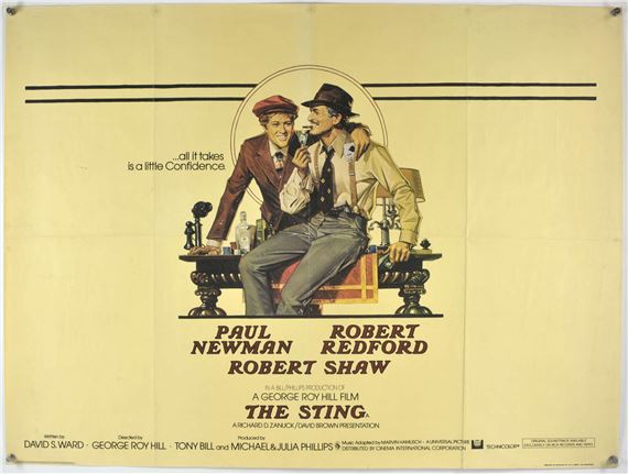The Sting (1973), British Quad film poster for the Oscar winning crime-comedy with artwork by Richard Amsel, folded, 30 x 40 inches by Robert Redford