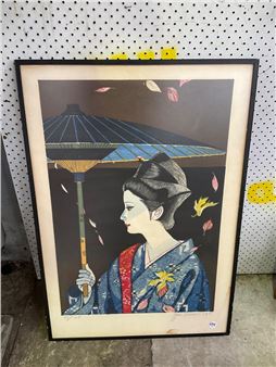 J.M SELEMI GEISHA WOODCUT 1976 'GEISHA' 68X47CM - SOME STAINING ON MATT BOARD - J.M. Selemi