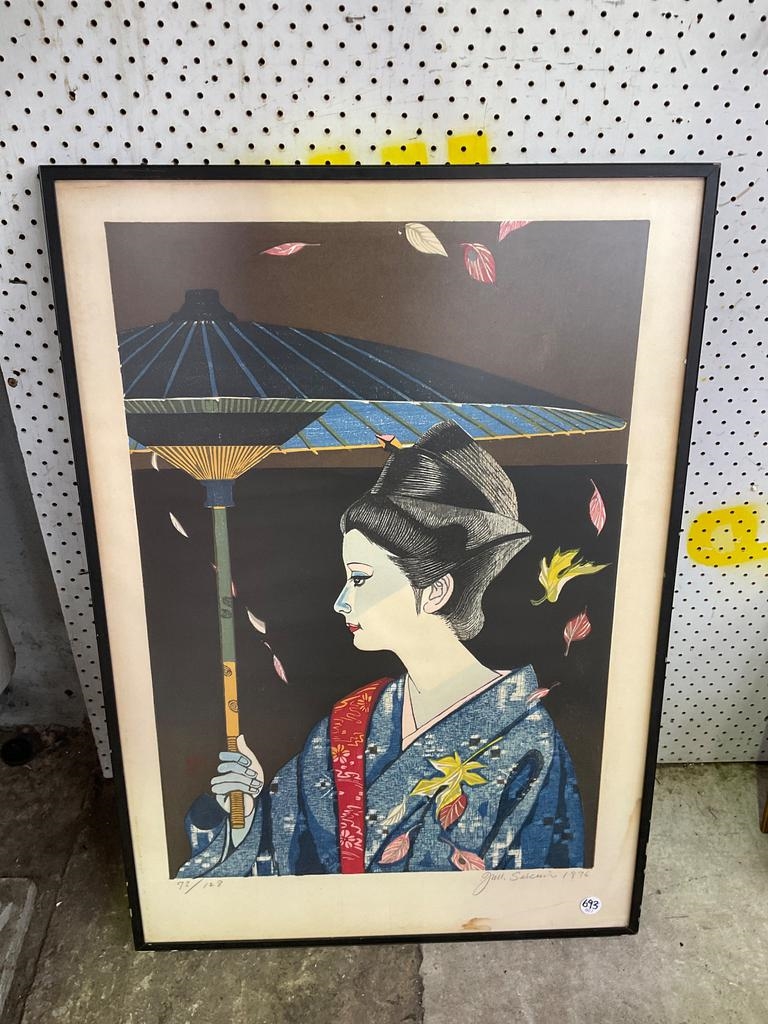 Artwork by J.M. Selemi, J.M SELEMI GEISHA WOODCUT 1976 'GEISHA' 68X47CM - SOME STAINING ON MATT BOARD, Made of woodcut