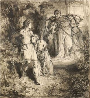 A dramatic black-and-white etching of a mythological scene featuring two figures in the foreground and three draped figures in the background.