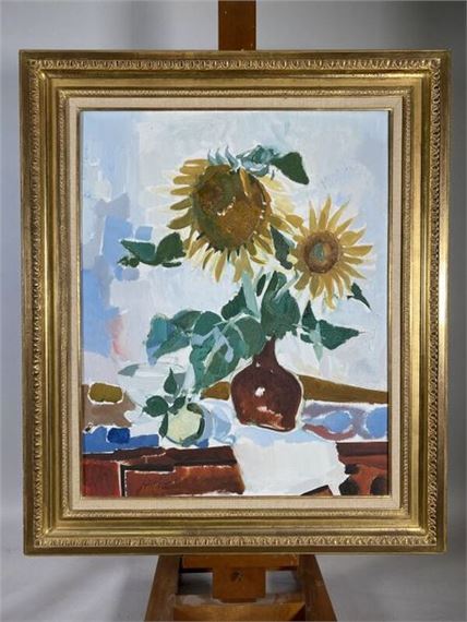 Pierre THERON (1918-2000) The two sunflowers Oil on canvas signed lower left by Pierre Theron