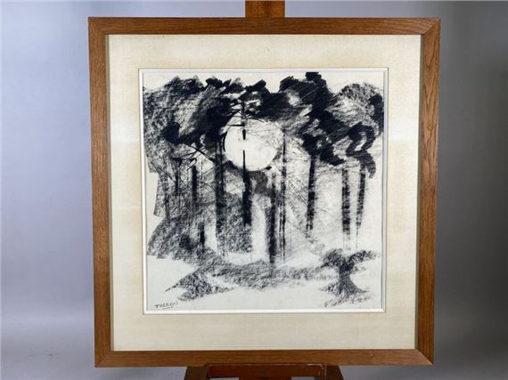 Pierre THERON (1918-2000) Sun of the coast Charcoal signed lower left with label on the back with title and date. 48 x 48 cm by Pierre Theron