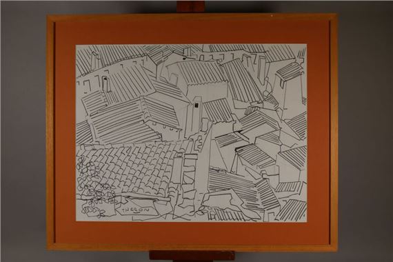 Pierre THERON (1918-2000) Summer evening in Sommières Charcoal signed lower left by Pierre Theron