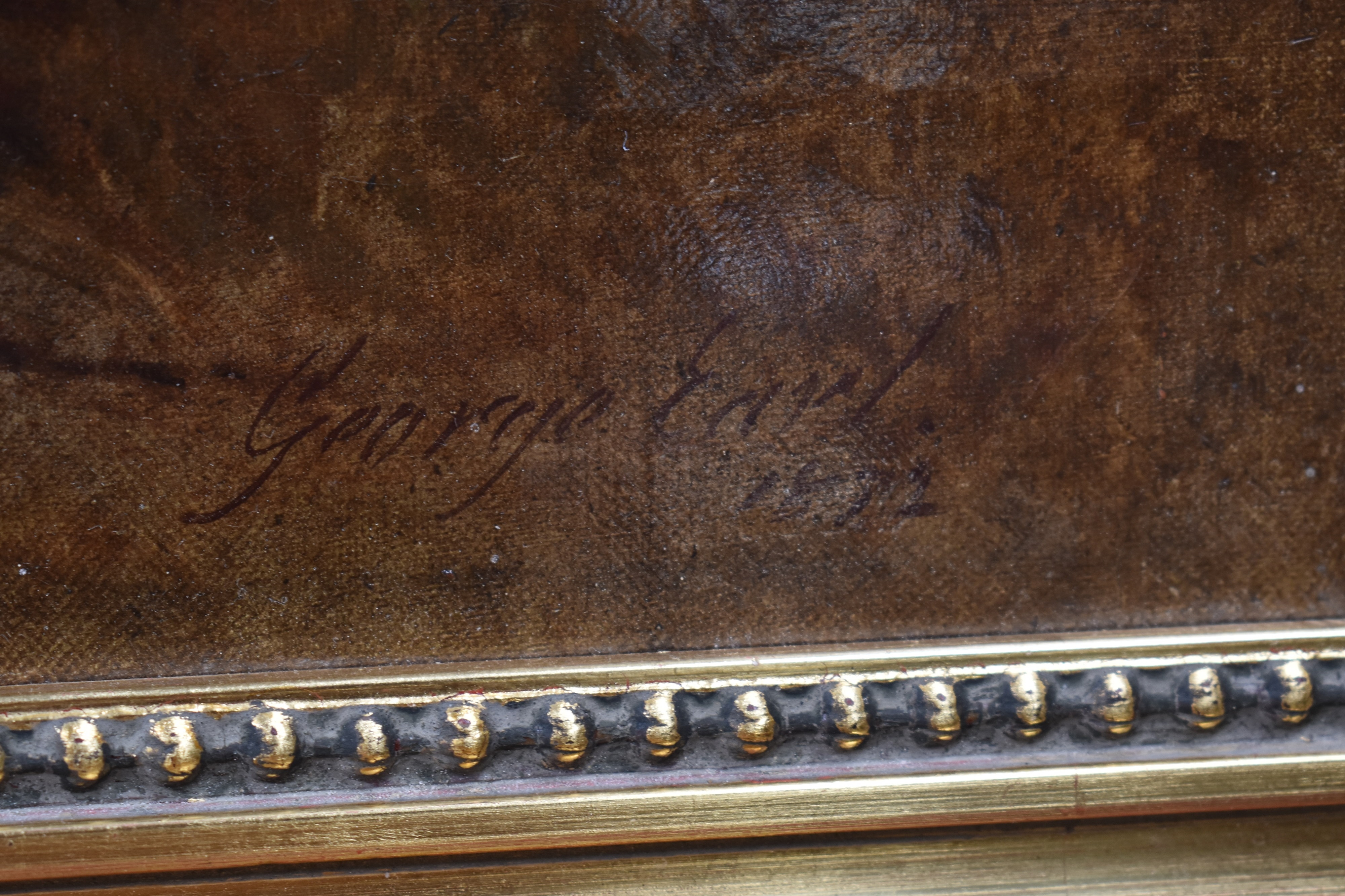 Artwork by George Earl, two Patterdale Terriers rabbiting, Made of oil on canvas