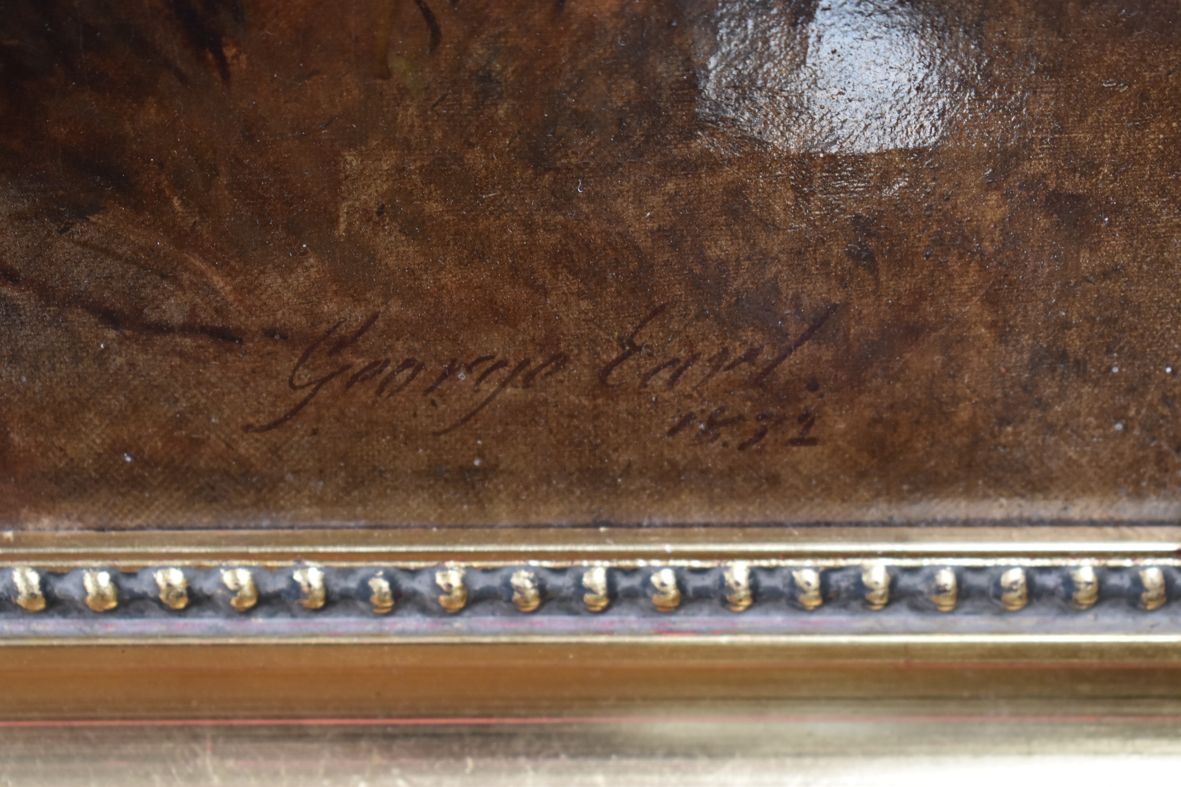 Artwork by George Earl, two Patterdale Terriers rabbiting, Made of oil on canvas