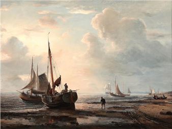 The sailing ships are drawn up after a long day at sea - Adolf Friedrich Vollmer