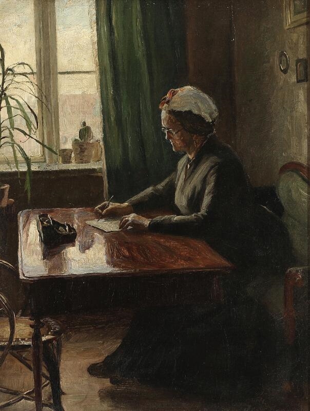 Artwork by Ida Schiøttz Jensen, Interior with an old woman writing a letter, Made of Oil on canvas