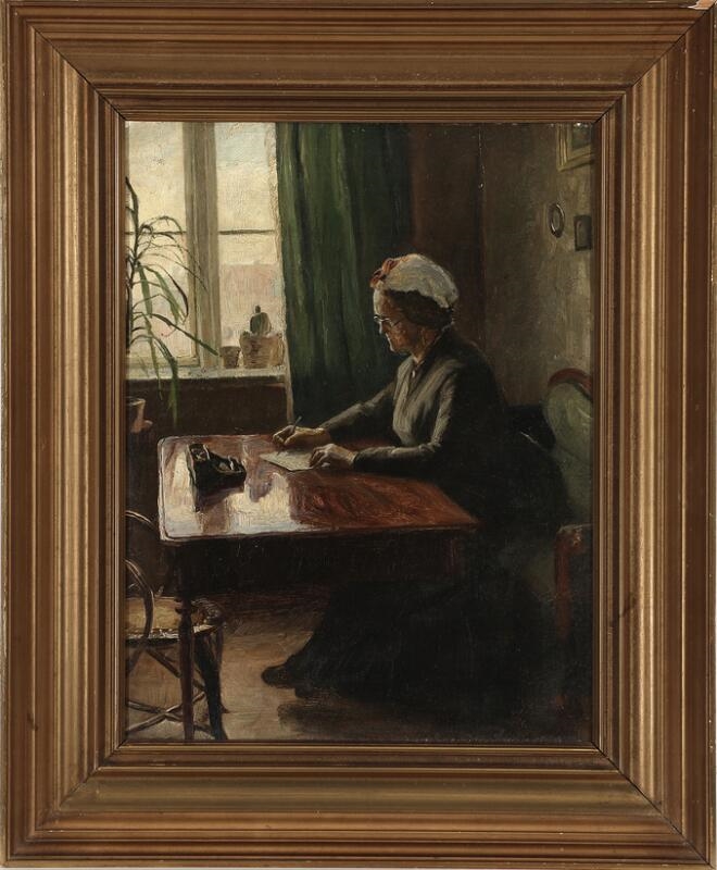 Artwork by Ida Schiøttz Jensen, Interior with an old woman writing a letter, Made of Oil on canvas
