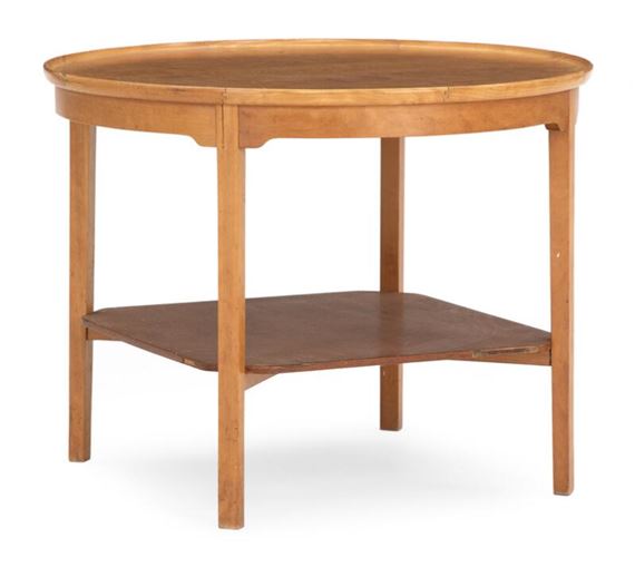 Circular beech coffee table, with teak top and underlying shelf - Verner