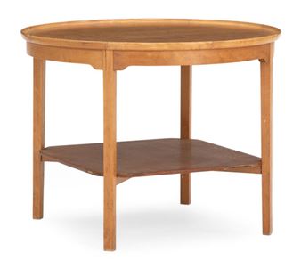 Circular beech coffee table, with teak top and underlying shelf - Verner