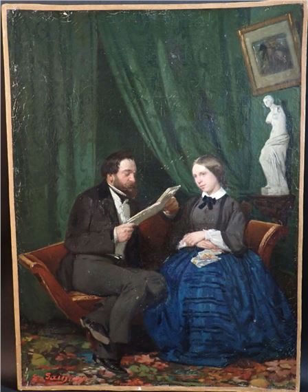 Scène d'intérieur figurant le peintre à la lecture et son épouse by Edouard Alexandre Sain