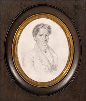 French pencil portrait miniature signed lower right, marked to back E Froment delineat (H:25 x W:21cm - frame - E. Froment