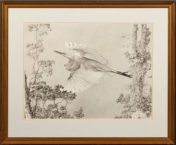 AFTER BRIAN MOORE 1987 Framed Crane Flying Pointillism Print - Brian Moore