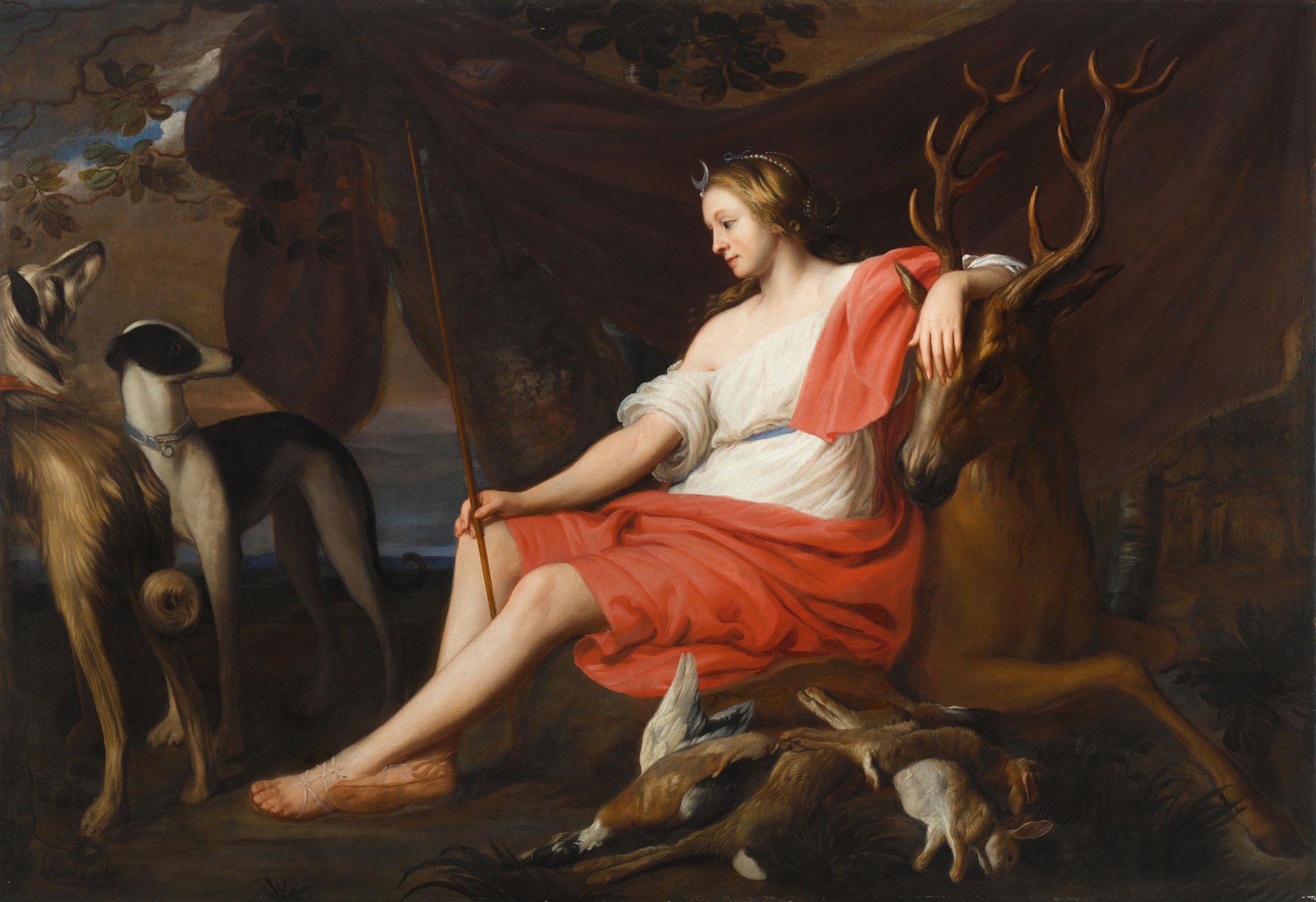 Artwork by Jacob van Oost, Jacob van Oost the Elder, Diana with her hounds seated on a stag in a landscape, Made of oil on canvas