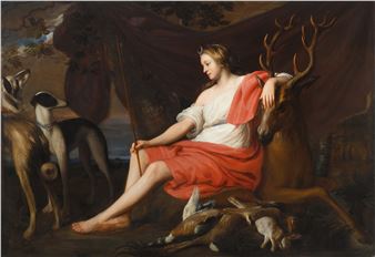 Diana with her hounds seated on a stag in a landscape - Jacob van Oost