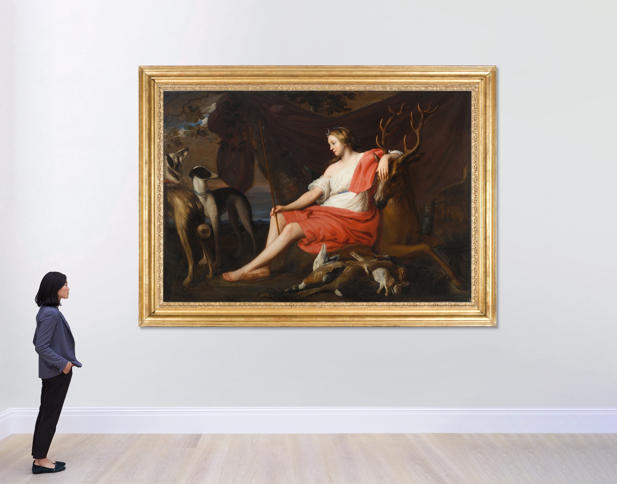 Artwork by Jacob van Oost, Jacob van Oost the Elder, Diana with her hounds seated on a stag in a landscape, Made of oil on canvas