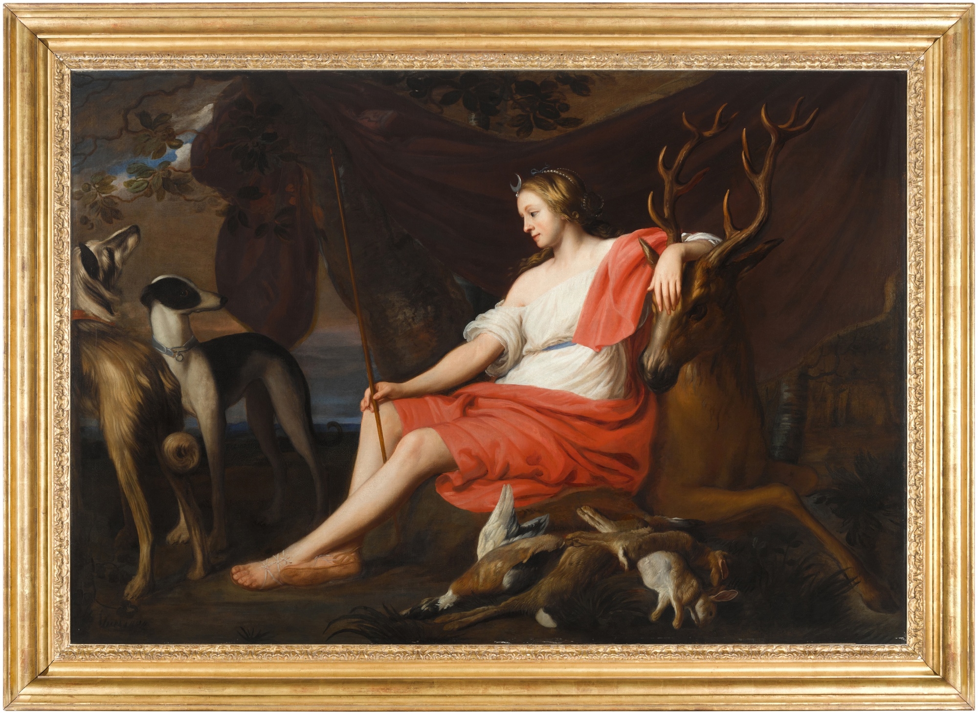 Artwork by Jacob van Oost, Jacob van Oost the Elder, Diana with her hounds seated on a stag in a landscape, Made of oil on canvas