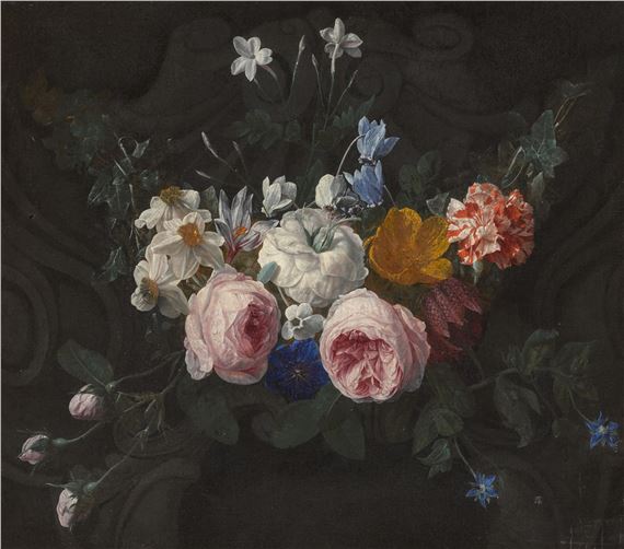 Still life of roses, narcissi, carnations, jasmine and other flowers by Nicolaes van Veerendael