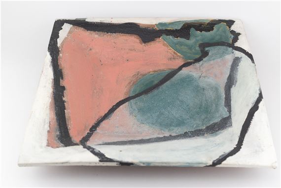 KEN EASTMAN (born 1960); a large square earthenware platter covered in polychrome slips and oxides by Ken Eastman, dated 1987