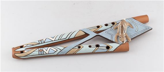 NEIL IONS (born 1949); a slip decorated earthenware double flute with the end modelled as a rabbit by Neil Ions, dated 1983