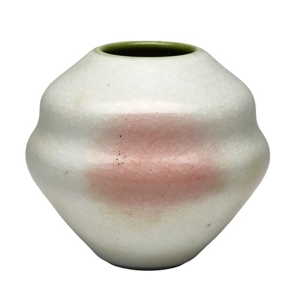 Robert Deblander Twolobed porcelain vase, celadon and pinkishbeige
