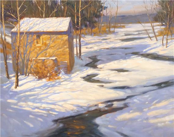 Winter river with shed by Don Stone