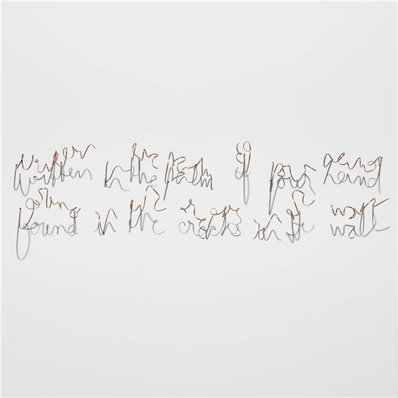 A minimalist artwork featuring a single line of handwritten text in thin, dark ink against a blank white background.