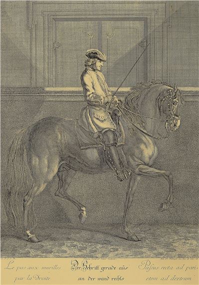 A monochromatic engraving of a rider on horseback in an indoor setting.