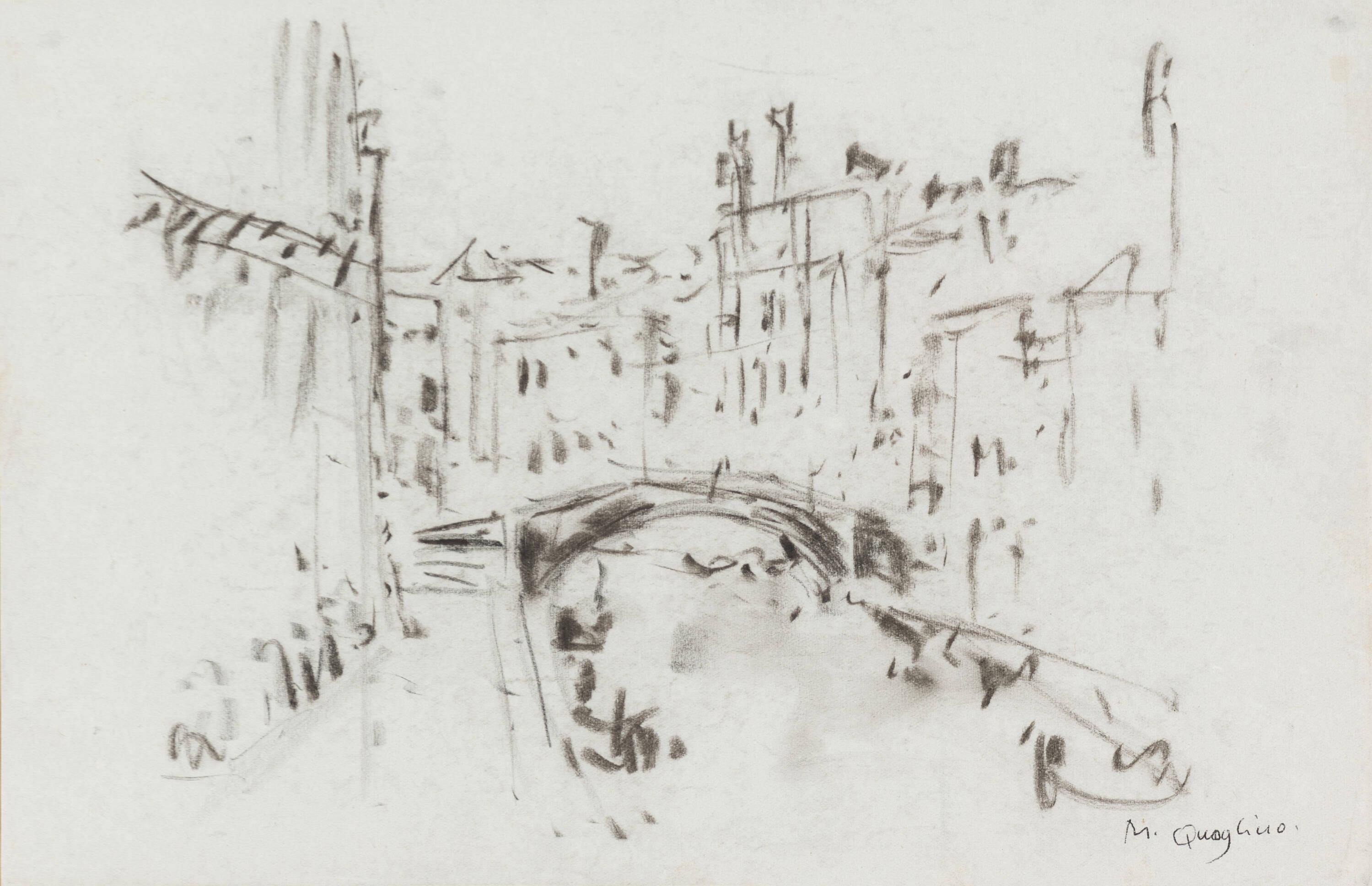 Artwork by Massimo Quaglino, Canale veneziano, Made of carboncino su carta applicata su cartoncino