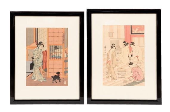 PAIR, KIYONGA TORRI, BATHER SCENE WOODBLOCK PRINTS by Torii Kiyonaga, circa 1900