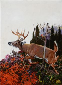 A dynamic wildlife painting of a buck leaping through an autumn forest.