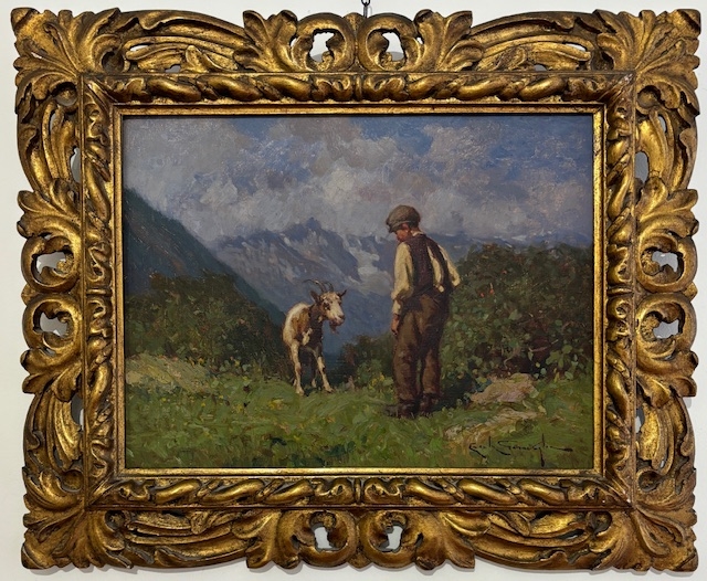 Artwork by Ercole Garavaglia, PAESAGGIO MONTANO CON PASTORELLO, Made of oil on canvas