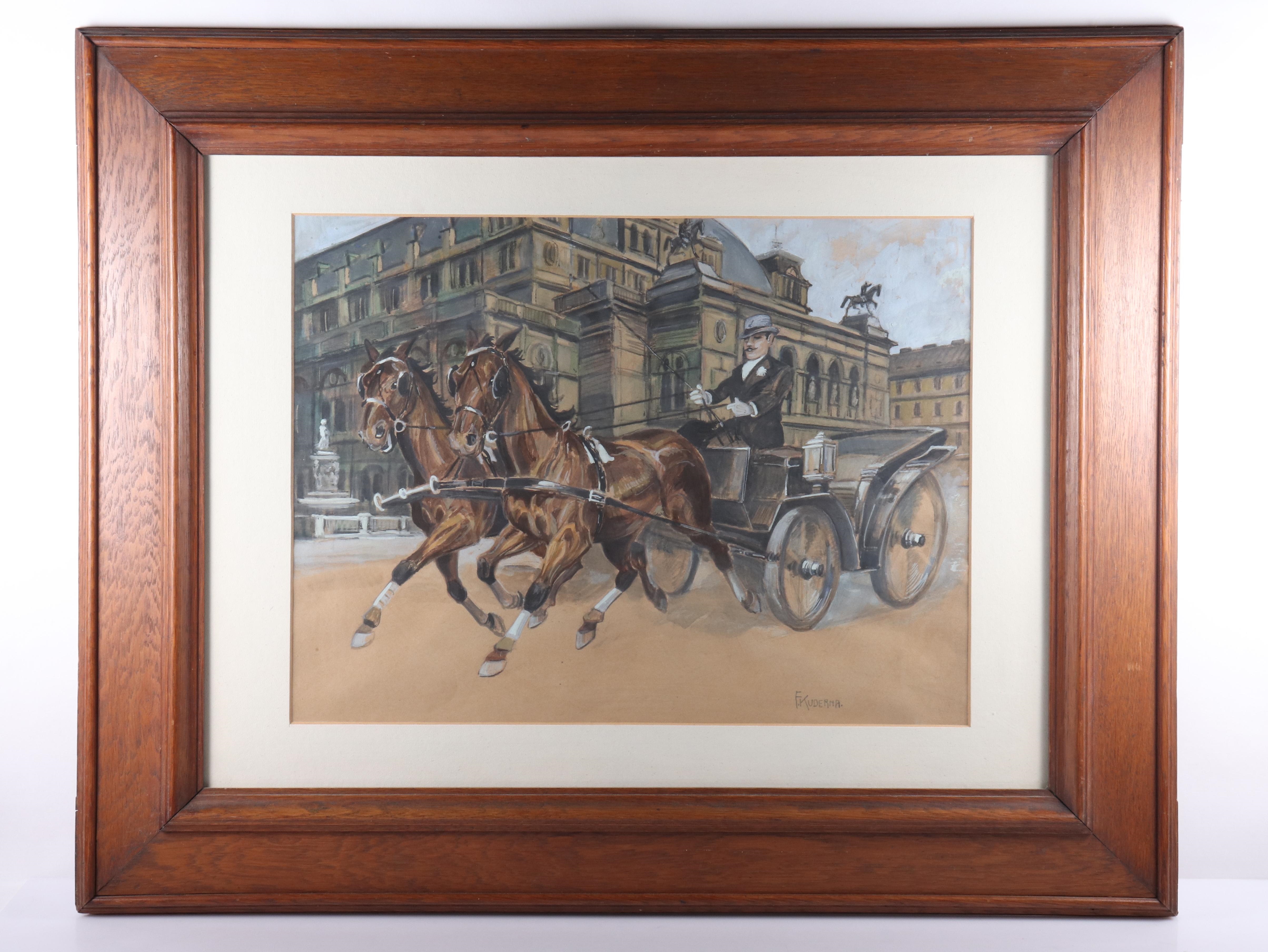 Artwork by Franz Kuderna, "Fiaker in front of the Vienna State Opera", Made of Gouache
