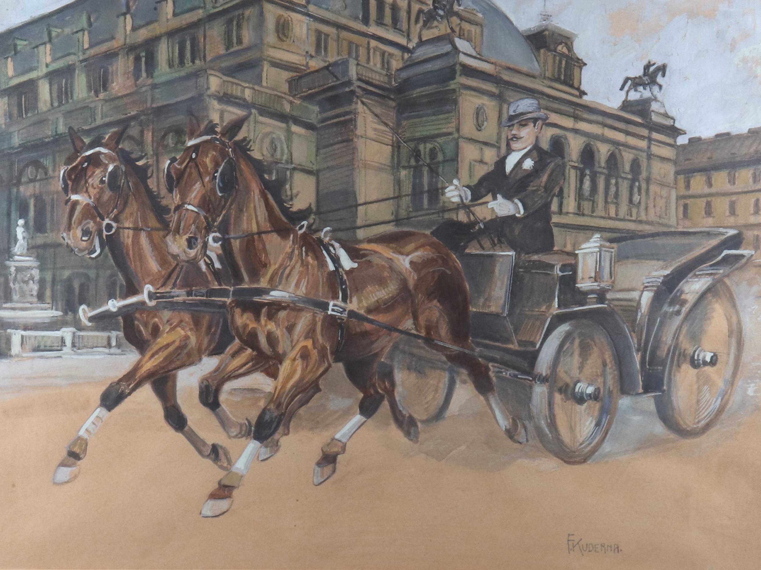 Artwork by Franz Kuderna, "Fiaker in front of the Vienna State Opera", Made of Gouache