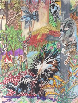 "Waldszene mit Stinktier, Hirschen, Eisvogel und Waschbär", - Basel Al-Bazzaz