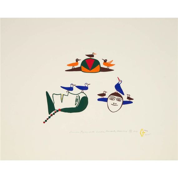 SHAMAN FLYING WITH BIRDS by Jessie Oonark, 1975