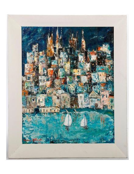 Title/Description: European seaside town and sailboats - Mario Jellinek