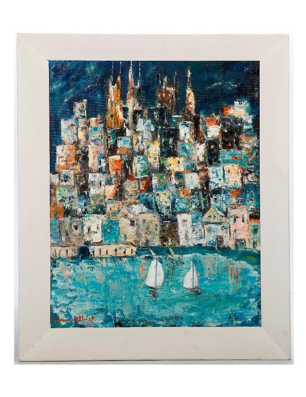 Artwork by Mario Jellinek, Title/Description: European seaside town and sailboats, Made of Oil on canvas
