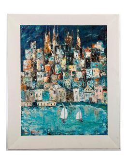 Title/Description: European seaside town and sailboats - Mario Jellinek
